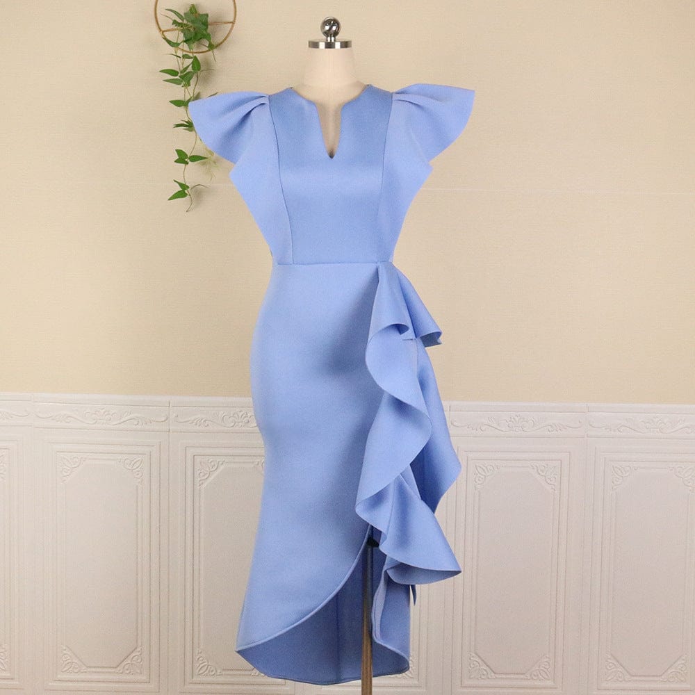 S / Blue Tube Longos Vestidos Sexys Mujer Fashion Dress V-neck ruffled high waist large size slim irregular hem women's white dress