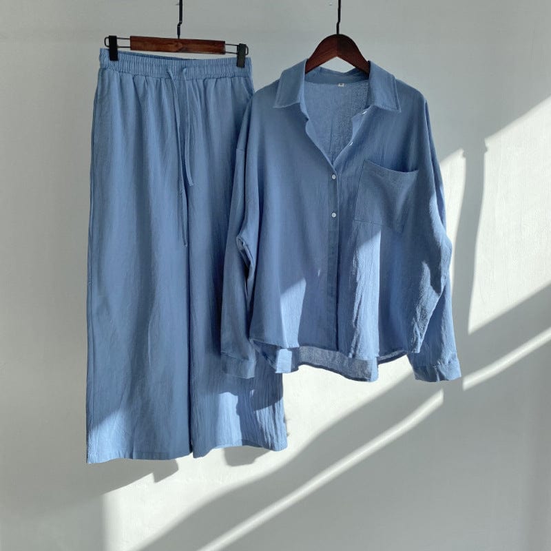 S / Blue Vintage Solid Women Two Piece Set Cotton Linen Turn-down Collar Shirt Elastic Drawstring Pants High Waist Loose Plus Size S26001