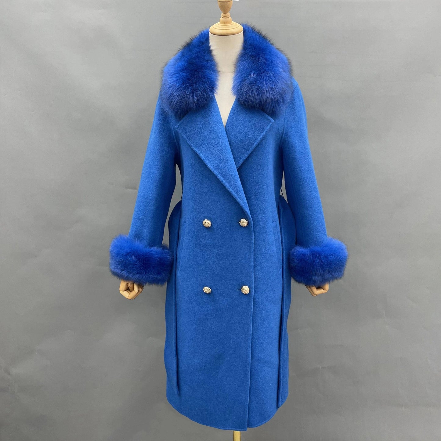S / Blue Winter Trend Real Fox Fur Collar Cashmere Wool Coat with Fur Cuffs