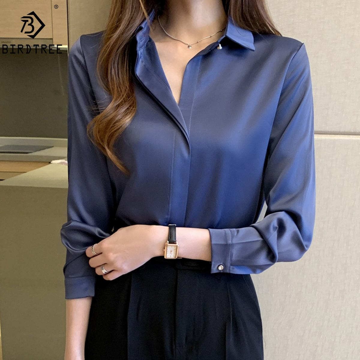 S / Blue Women's Blouse NewNew Satin Blouse Women Casual Solid Tops Shirts Blouses Female Loose Autumn Fall Ladies Office Top T24807X