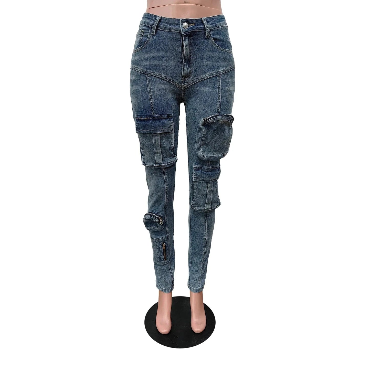 S / Blue Women's High-Waisted Cargo Pocket Denim Jeans