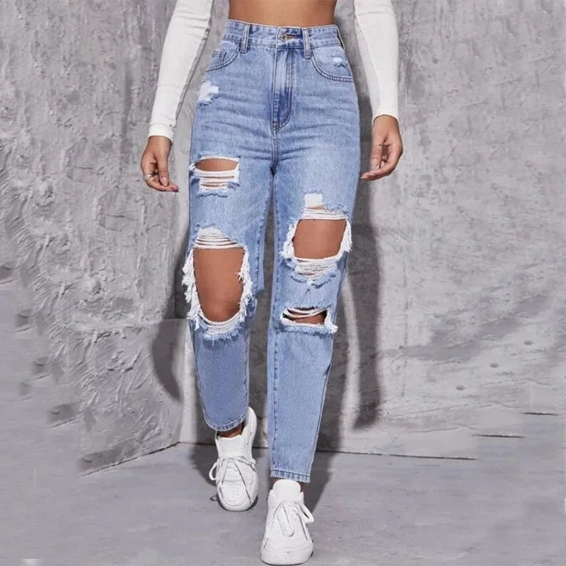 S / Blue Women's High-Waisted Distressed Ripped Blue Denim Jeans