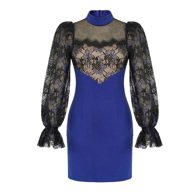 S / Blue ZYHT 50570 2024 Spring Stand Collar Mesh Lace Splicing Dress Elegant Lantern Sleeve One-step Pencil Mini Dress