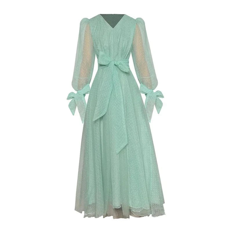 S / Bluegreen CHICEVER V Neck Long Sleeve High Waist Solid Loose A Line Dresses Long Sleeve Bodycon Dress