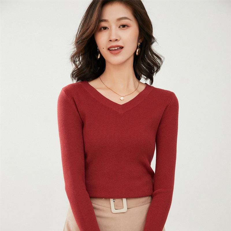 S / Brick Red Women's V-Neck Sweater Slim-Fit Low Collar Knitwear Pullover Short Base Shirt Long Sleeve Heart