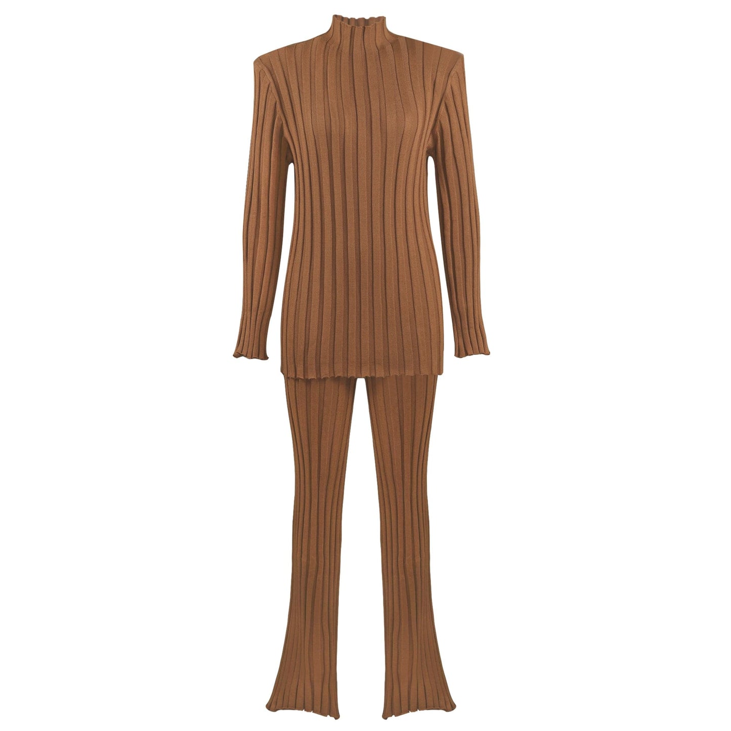 S / Brown Amazon Hot Sale New Women's Solid Color Pit Stripe Shoulder Pads women two piece set Sweater Tops & Pants 2 Piece Set Women