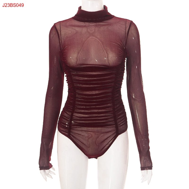 S / Brown Bomblook J23BS049 2023 New Arrivals Mesh See Through Long Sleeve Jumpsuits Playsuits Skims Bodysuit