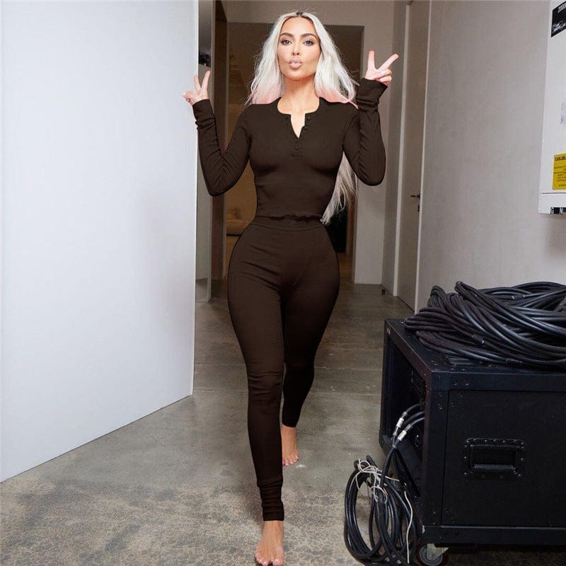 S / Brown C1798 2023 Women's New Sexy Round Neck Button Top Tights Casual Sports Suit Women