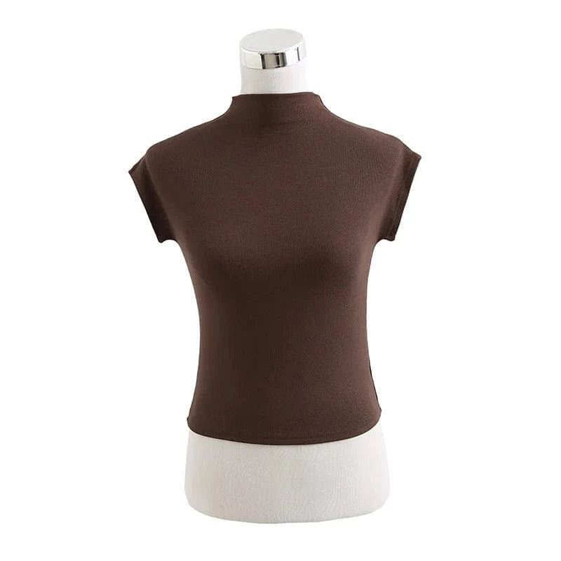 S / Brown Dropshipping Women Crop Top T Shirt with Turtle Neck High Strech Rib