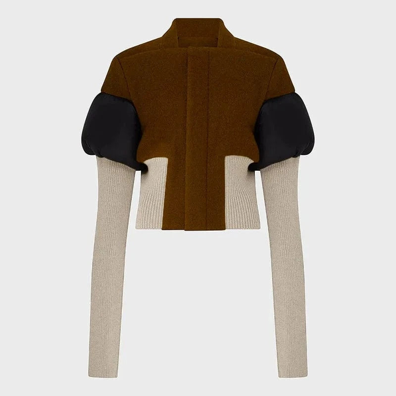 S / Brown Fashion Fall Autumn Patchwork Casual Long Sleeve Woolen Short Crop Bomber Jacket Winter Coat For Women