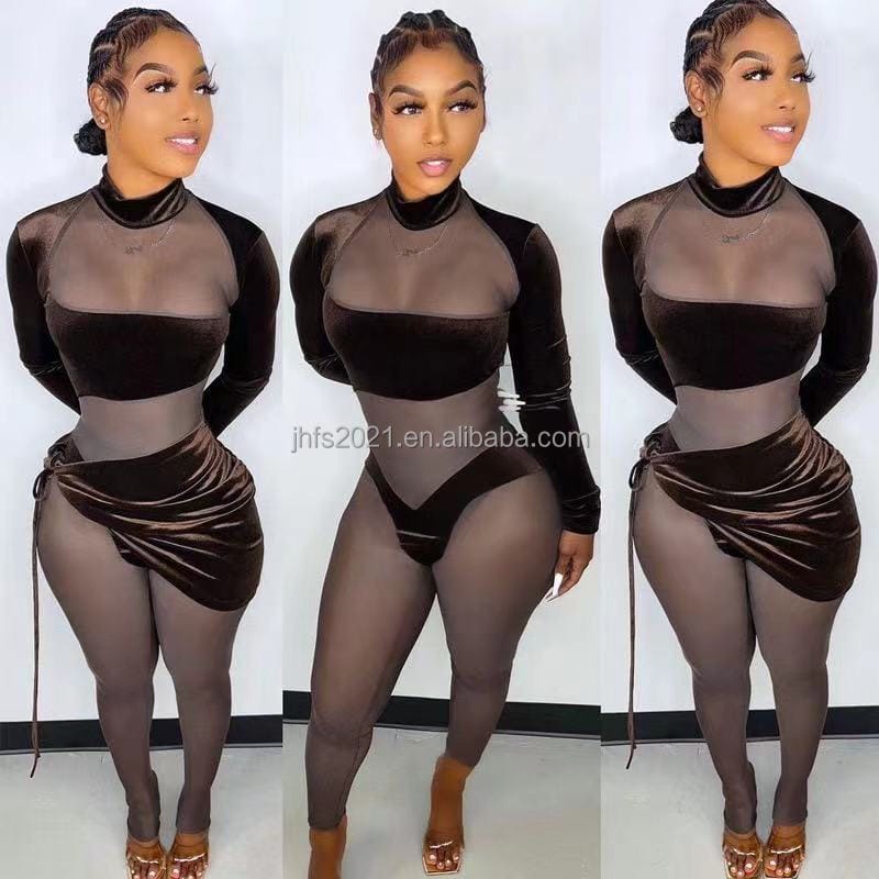 S / Brown J&H fashion sexy hot sale long sleeve high collar turtle neck bandeau see-through one piece jumpsuit mesh bodysuit club wear