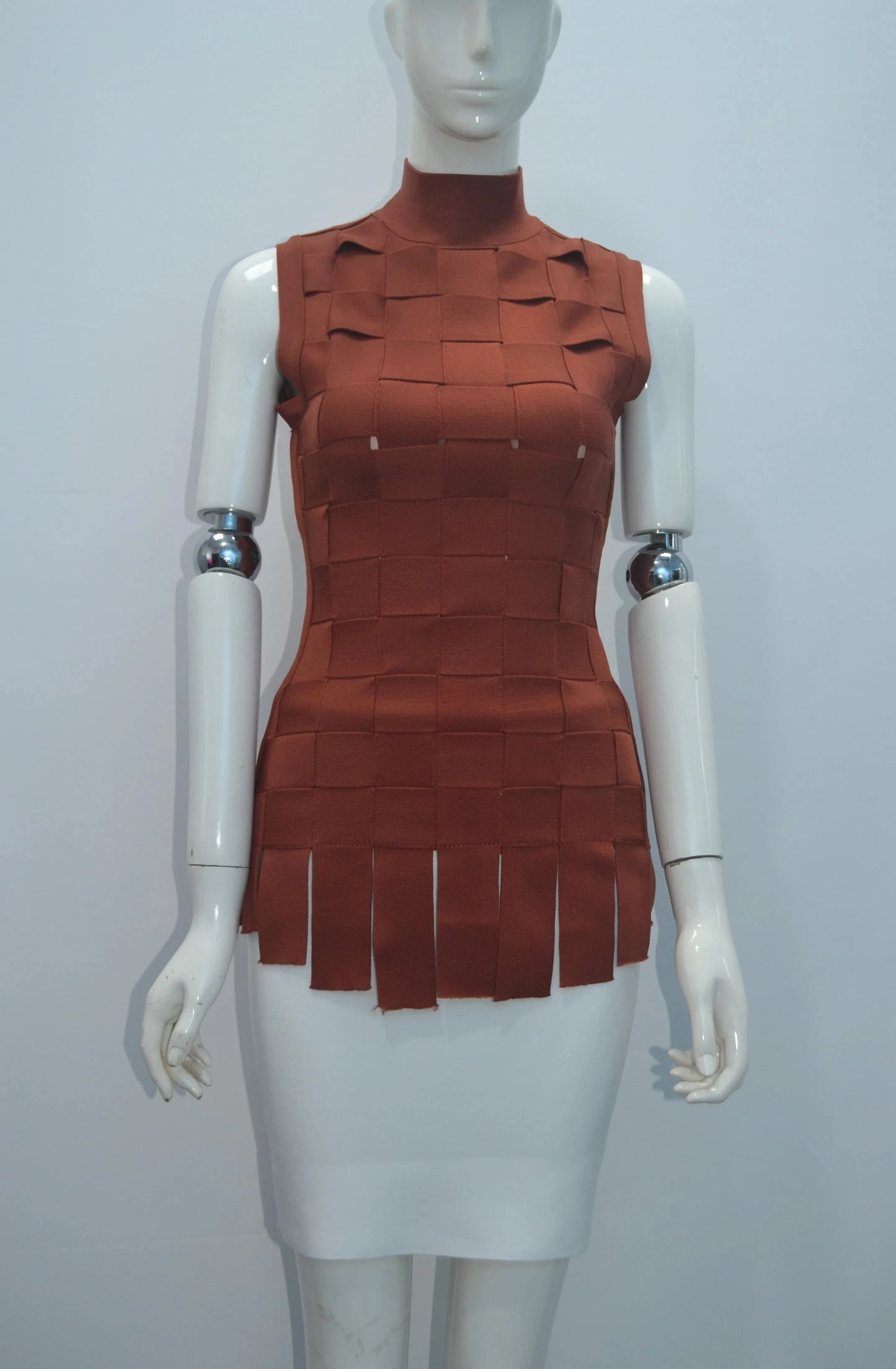 S / Brown Ladies Spring and summer style patchwork plaid sleeveless blazer elastic slim sexy skirt bandage two piece set