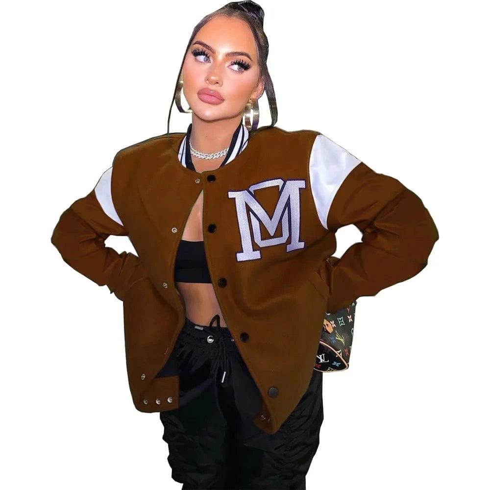 S / Brown Latex Jogging Jacket Cover Ladies Winter Woman Bomber Jacket and Coat Cotton Poly Activewear Baseball Jacket Women