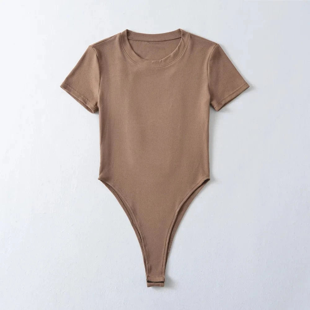 S / Brown LULU Basic Classic Cotton Elastic rib stretchy back hollow out crew neck short sleeve under shape wear bodysuits for women