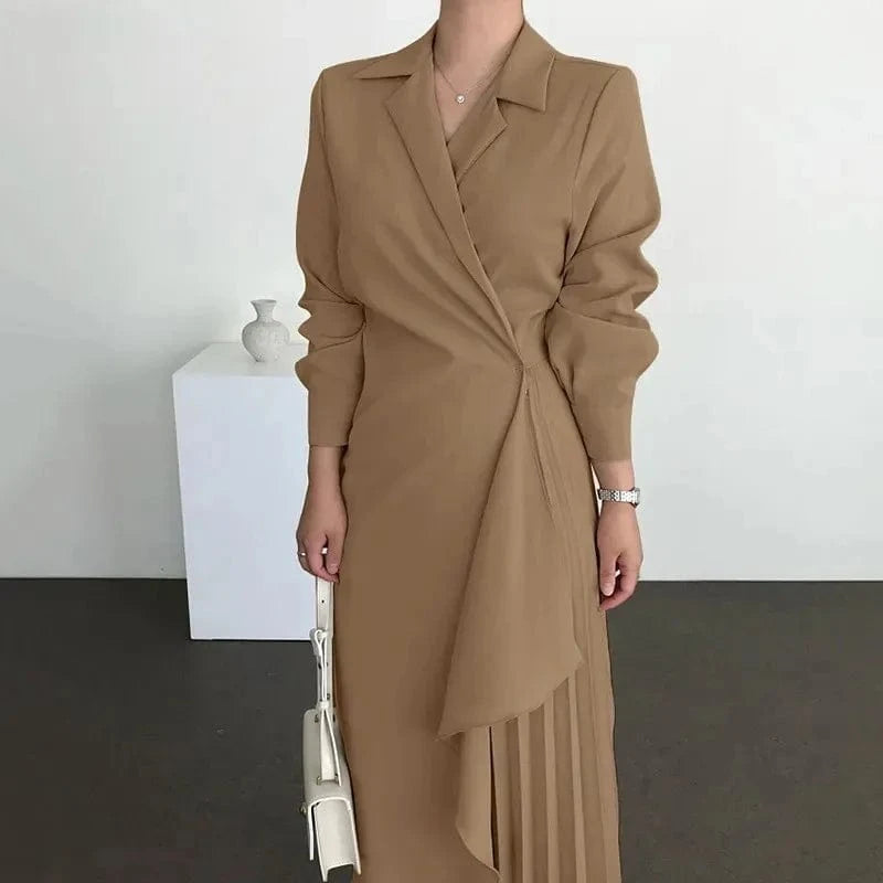 S / Brown New Arrival Spring French Elegant Suit Collar Irregular Pleated Design Lace Up Waist Long Sleeve Dress
