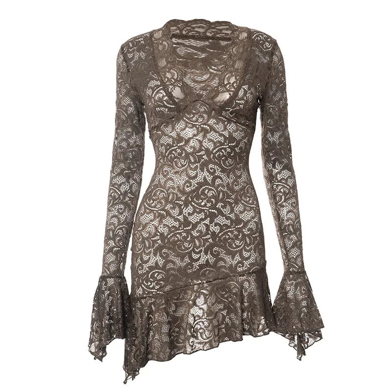 S / Brown New Product Ideas 2024 See Through Bodycon Dress Flare Sleeve V Neck Dress Nightclub Sexy Lace Party Dresses