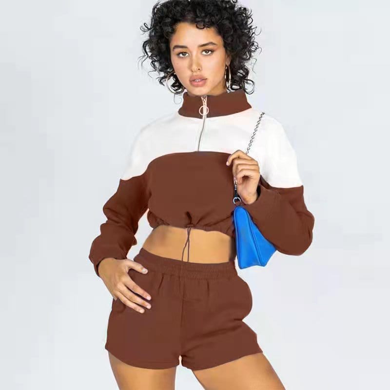 S / Brown New Spring 2022 Women High Collar Custom Casual Sport Set Sweatshirt Jogger and Shorts Suit Stitching Design Shorts Set