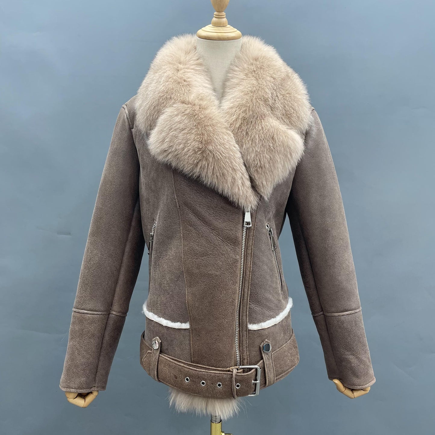 S / Brown-no cuff Janefur Luxury Sheepskin Fur Coat Winter Warm Real Lamb Leather Coat For Women Double Face Fur Jacket