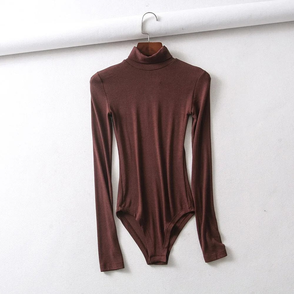 S / Brown no moq ribbed cotton bodysuits for women plunge bodysuit tops long sleeve turtleneck corset bodysuit custom logo