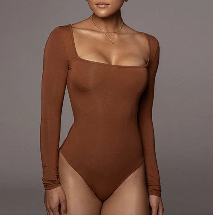 S / Brown OEM Factory Casual Wear Long Sleeve Square Neck Elastic Sexy Women Bodysuit
