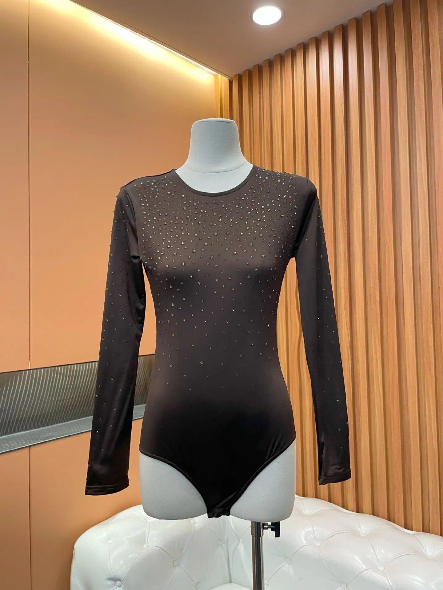 S / Brown OUDINA Fashion T-shirt Crop Top Long Sleeve Tight Diamond Rhinestones Jumpsuit Sequins Jumpsuits Playsuits & Bodysuits