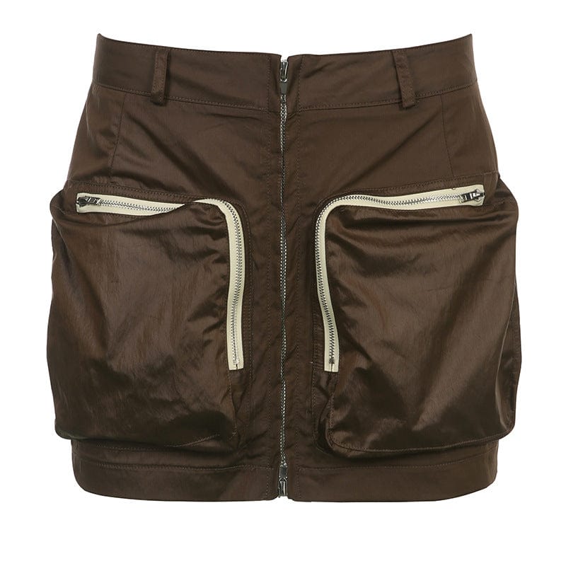 S / Brown OUDINA Trendy Wholesale Solid Color High Waist  Big Pocket Zipper Sexy Mini Cargo Short Skirts For Women Skirt