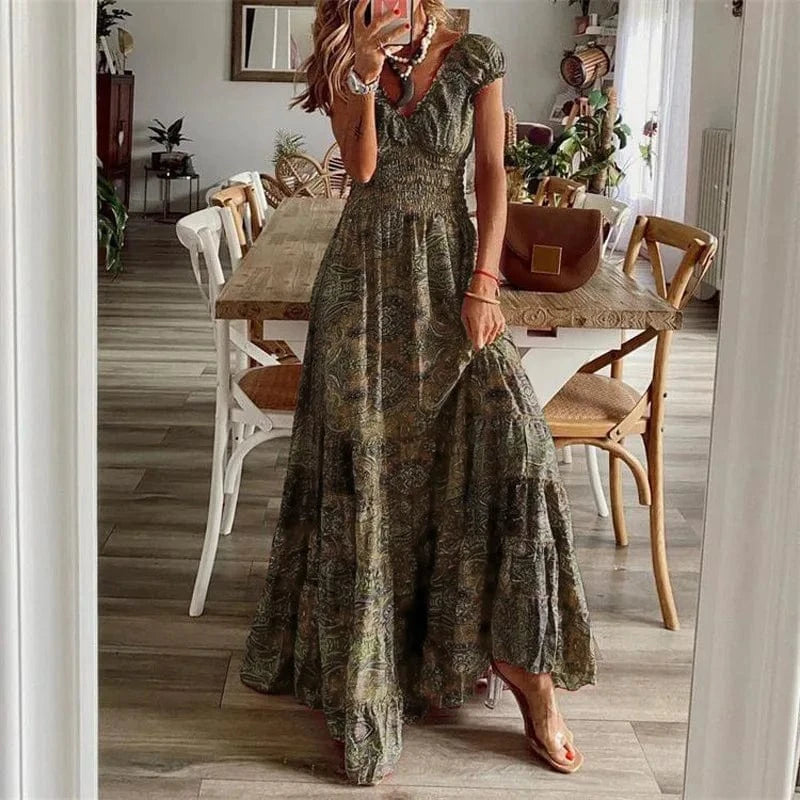 S / Brown S-3XL Bohemian style new dress long skirt with waist cinched floral print large hem dress