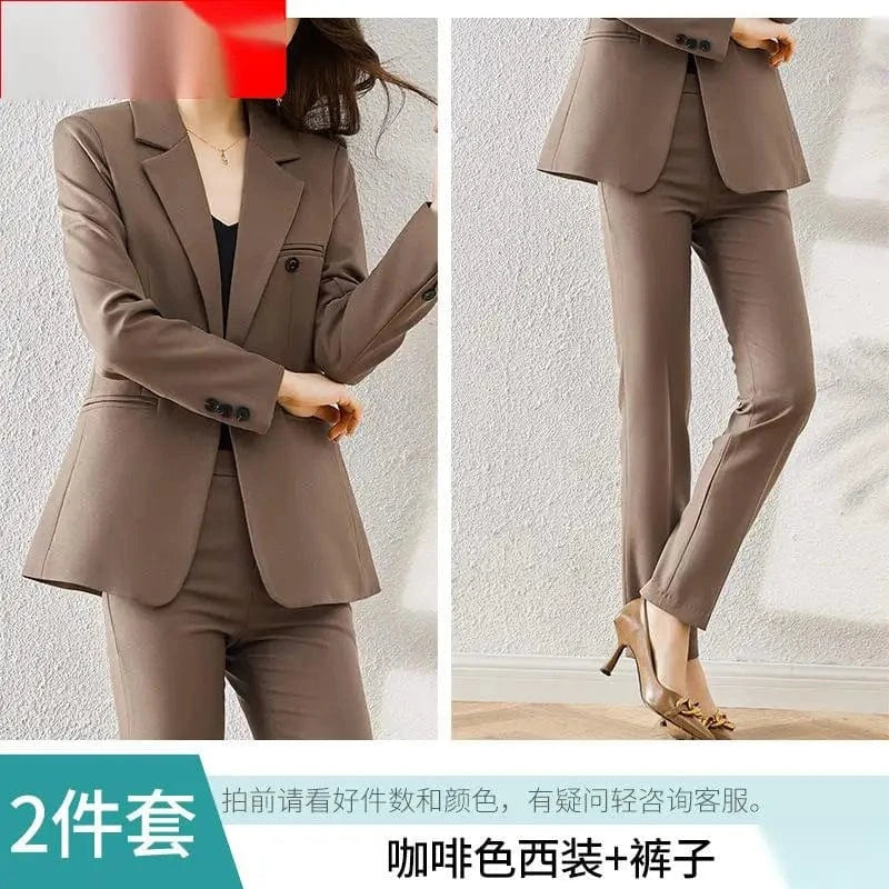 S / Brown S-4XL Long sleeved Professional Suit and Pants Formal Set Interview Sales Workwear
