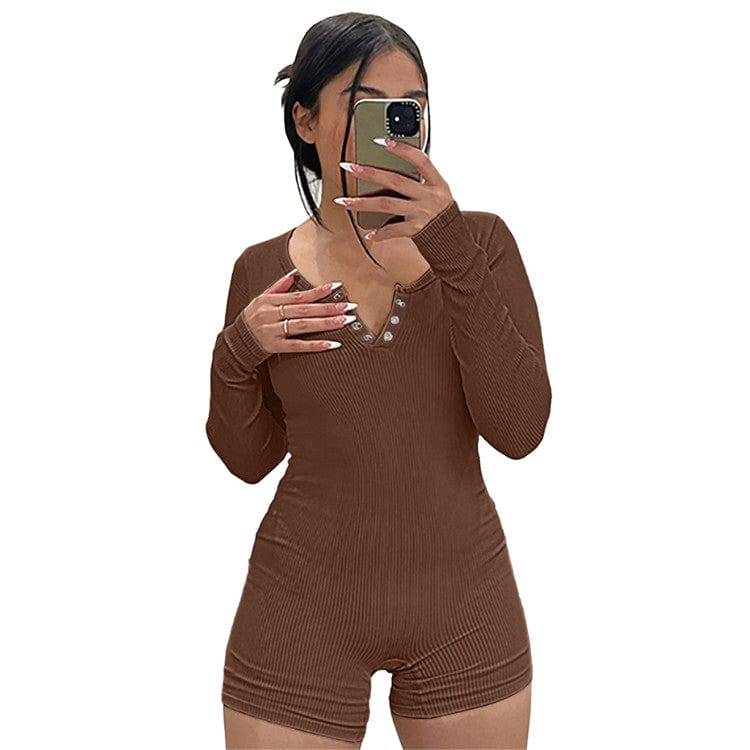 S / Brown Sexy Solid Ribbed Bodycon Romper Spring Outfit For Women 2023 Long Sleeve O Neck Sports One Pieces Female Playsuit