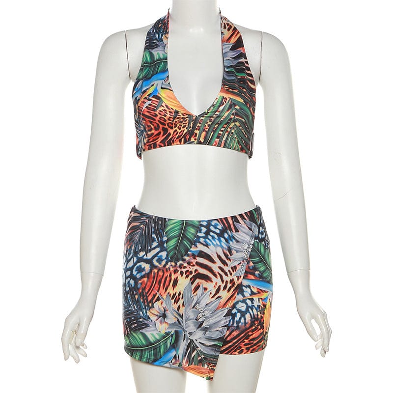 S / Brown Summer Outfit Newest Floral Print Sexy Halter Crop Bralette Tops Women Matching Short 2 Two Piece Set