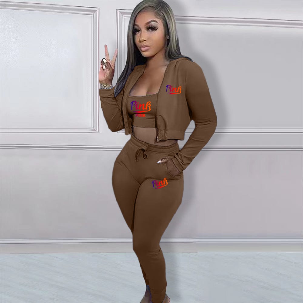 S / Brown Trendy Women Clothes Casual Print Gradient Patchwork Sweatsuit Hooded Collar Long Sleeve Three Pieces