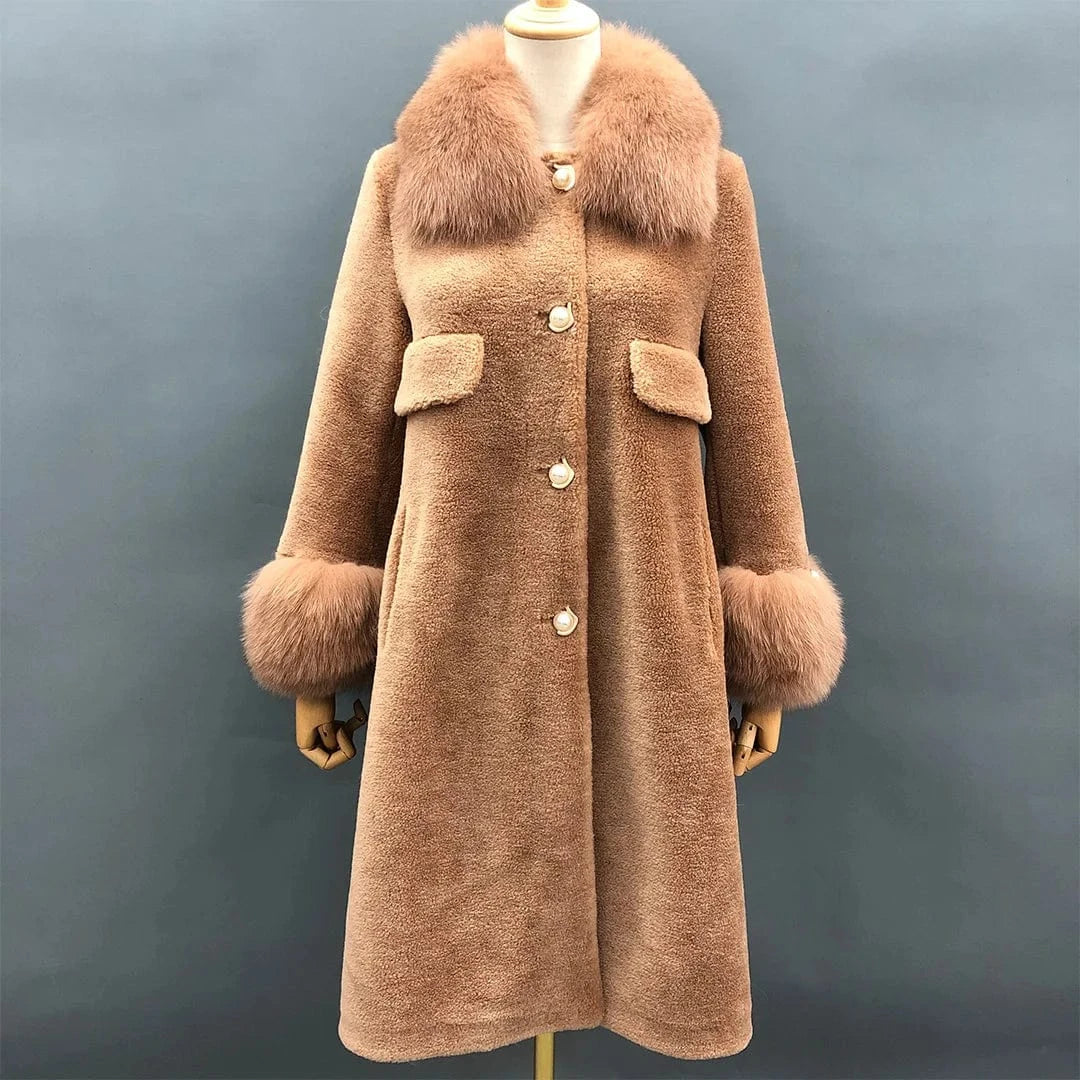 S / Brown Winter warm genuine fox fur collar and cuff women real sheep shearling coat
