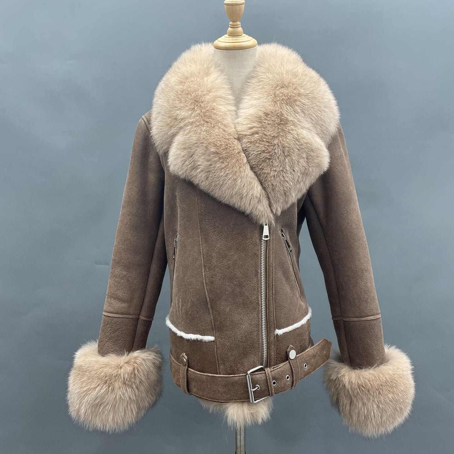 S / brown-with Fur Cuff Janefur Luxury Sheepskin Fur Coat Winter Warm Real Lamb Leather Coat For Women Double Face Fur Jacket