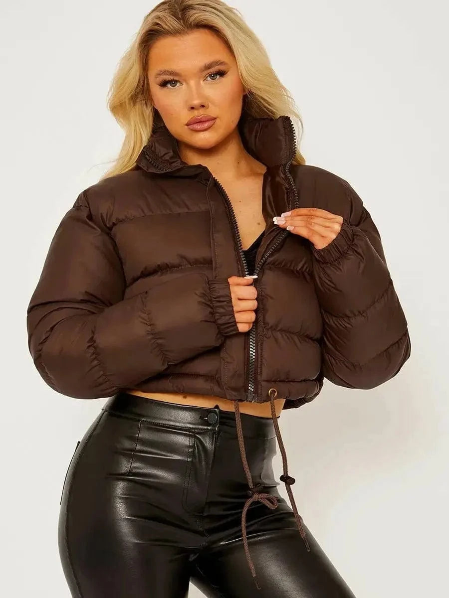 S / Brown Women Solid Jackets Bubble Short Crop Coats Puff Ladies Down Coats Thick Warm Patchwork Winter Bomber Puffer Jackets For Women