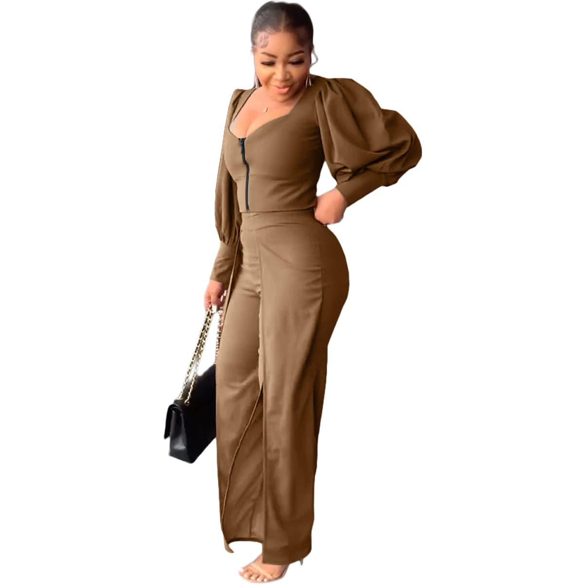 S / Brown womens sets spring summer women office fashion casual puff sleeve split pants ladies two piece set women's clothing
