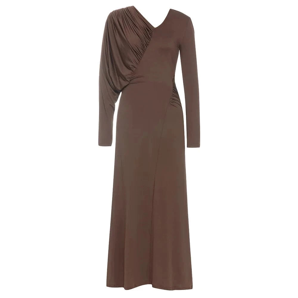 S / Brown YBH10048 New Style Brown Long Sleeve Woman Outfits Elegant Daily Party Vestidos Pleat V Neck Sexy Slim Casual Evening Dress