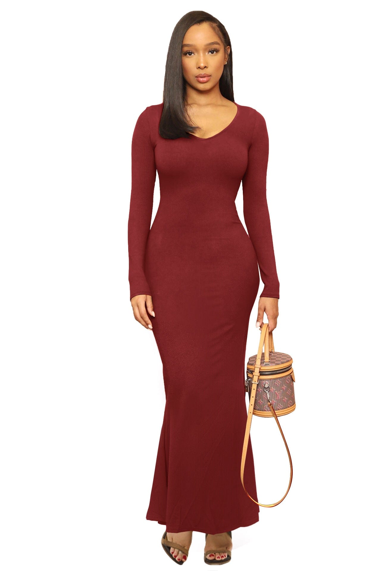 S / Burgendy C1003TA66 Wholesale Price Solid Color V- Neck Long  Sleeve Casual Dress Women Sehe Fashion
