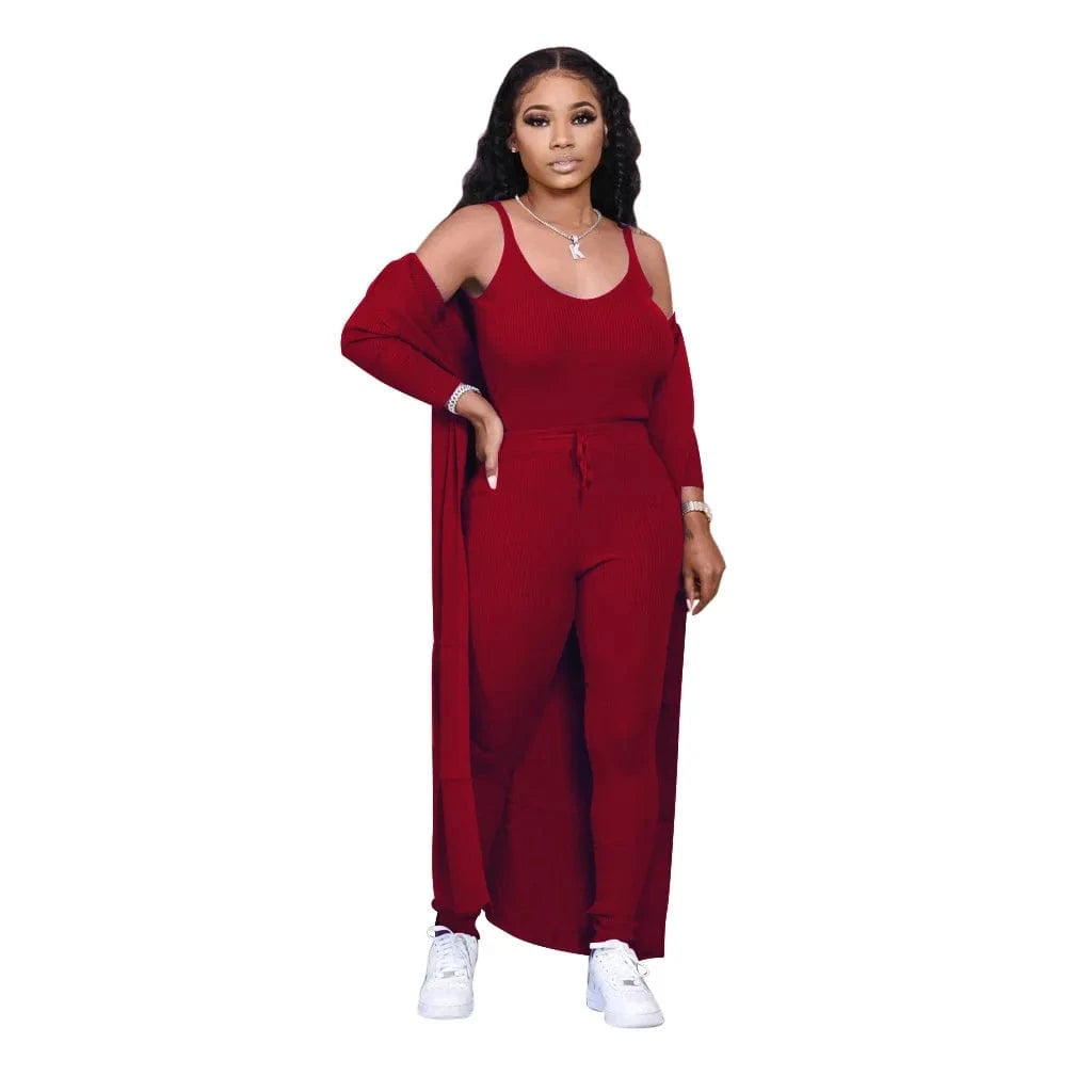 S / Burgundy 3 Piece Cardigan Autumn Set Womens Clothing Two Piece Fashion 2 Piece Jogger Outfit Women Pant Sets Casual 3pc Fall Set Woman