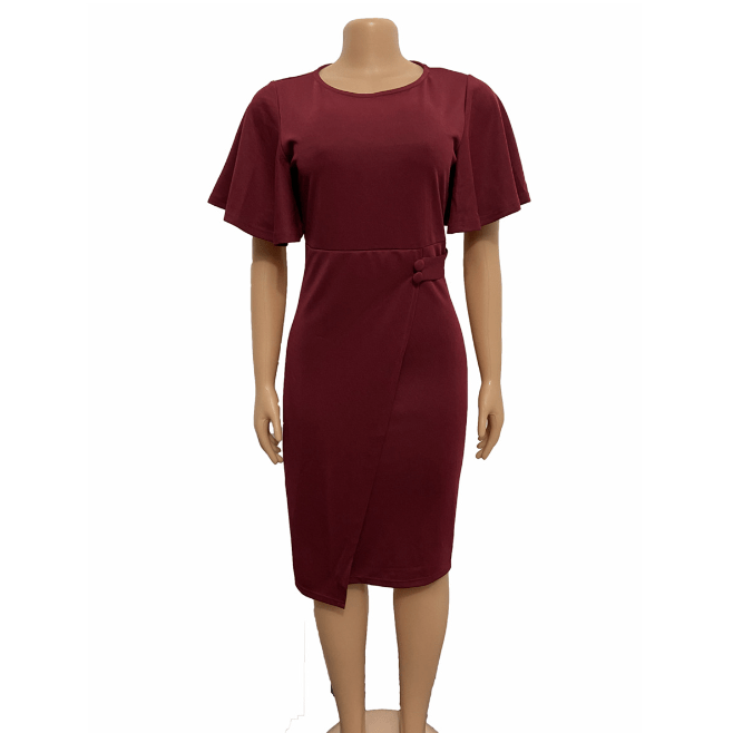S / Burgundy Bodycon Elegant Ruffles Sleeve Button Round Neck Career Dress Ladies