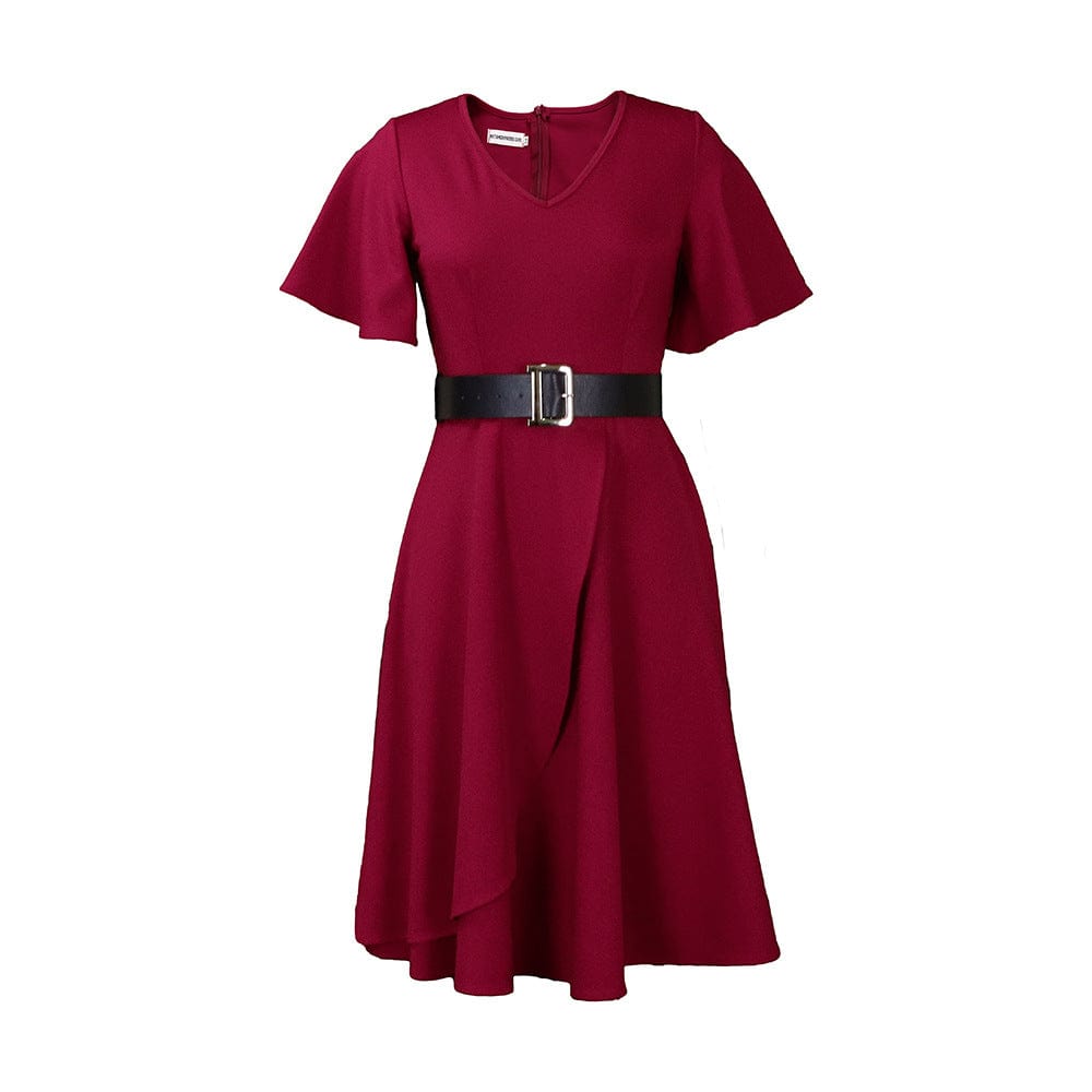 S / Burgundy C1102ME77 New Arrival Casual Solid Color Pleated A-Line Dress Women With Belt Sehe Fashion