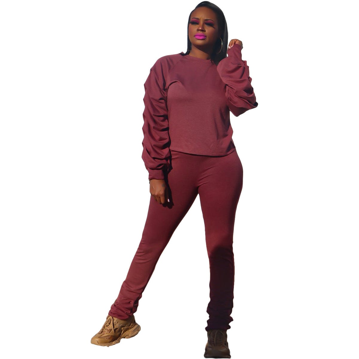S / Burgundy C1102TA6 High Quality Casual Solid Color Pleated Two Piece Pants Set Women Sehe Fashion