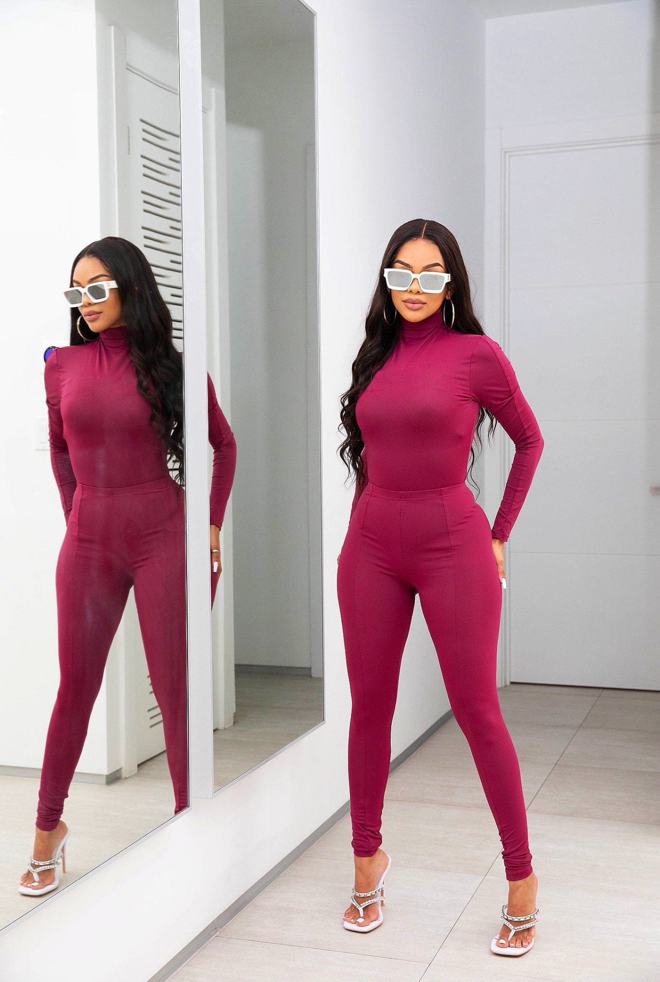 S / Burgundy C1103TA67 Latest Casual Solid Color Stand Collar Bodysuit High Waist Pants 2 Piece Set Women Sehe Fashion