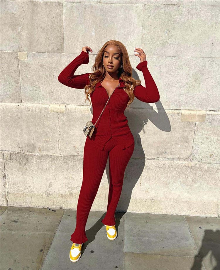 S / Burgundy Fashion New Solid Color Long Sleeve Rib Winter 2 Piece Sets For Women Two Piece Pants Set Women