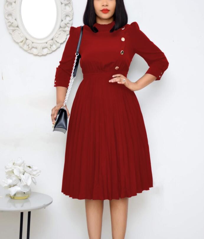S / Burgundy High Waist Button Soild Elegant Pleated Women Office Career Dresses
