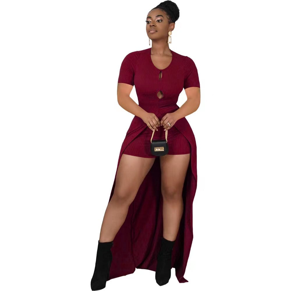 S / Burgundy J&H 2023 new arrivals chic long shirt and shorts women trendy ribbed 2 piece outfits summer slim fit casual sets