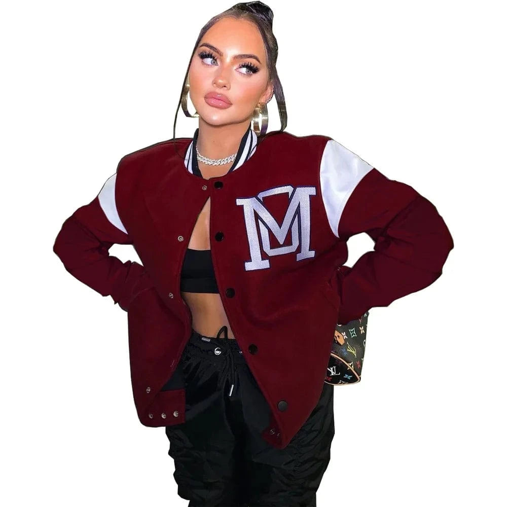 S / Burgundy Latex Jogging Jacket Cover Ladies Winter Woman Bomber Jacket and Coat Cotton Poly Activewear Baseball Jacket Women