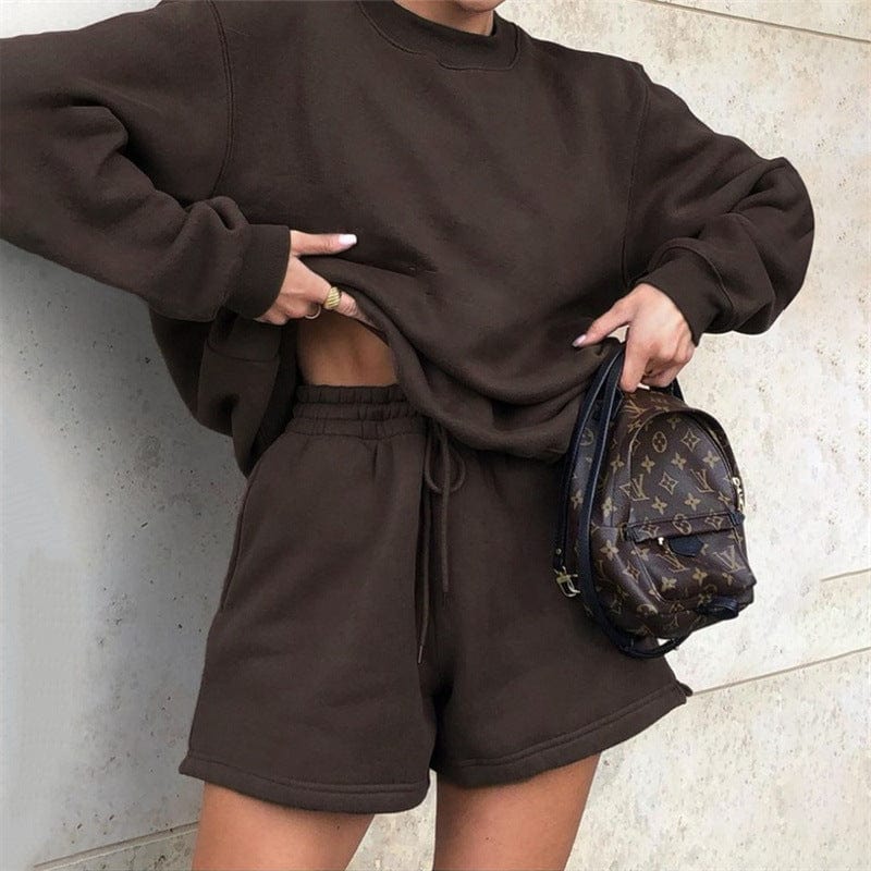 S / Burgundy Lqxf001 Wholesale Ladies 2 Piece Loose Versatile Long Sleeve Sweater Pack Hip Shorts Set