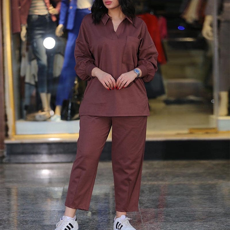 S / Burgundy Plus size Fashion Casual Set 2023 Autumn Polo Long Sleeve Shirt and High Waist Pocket Casual Pants Sport set