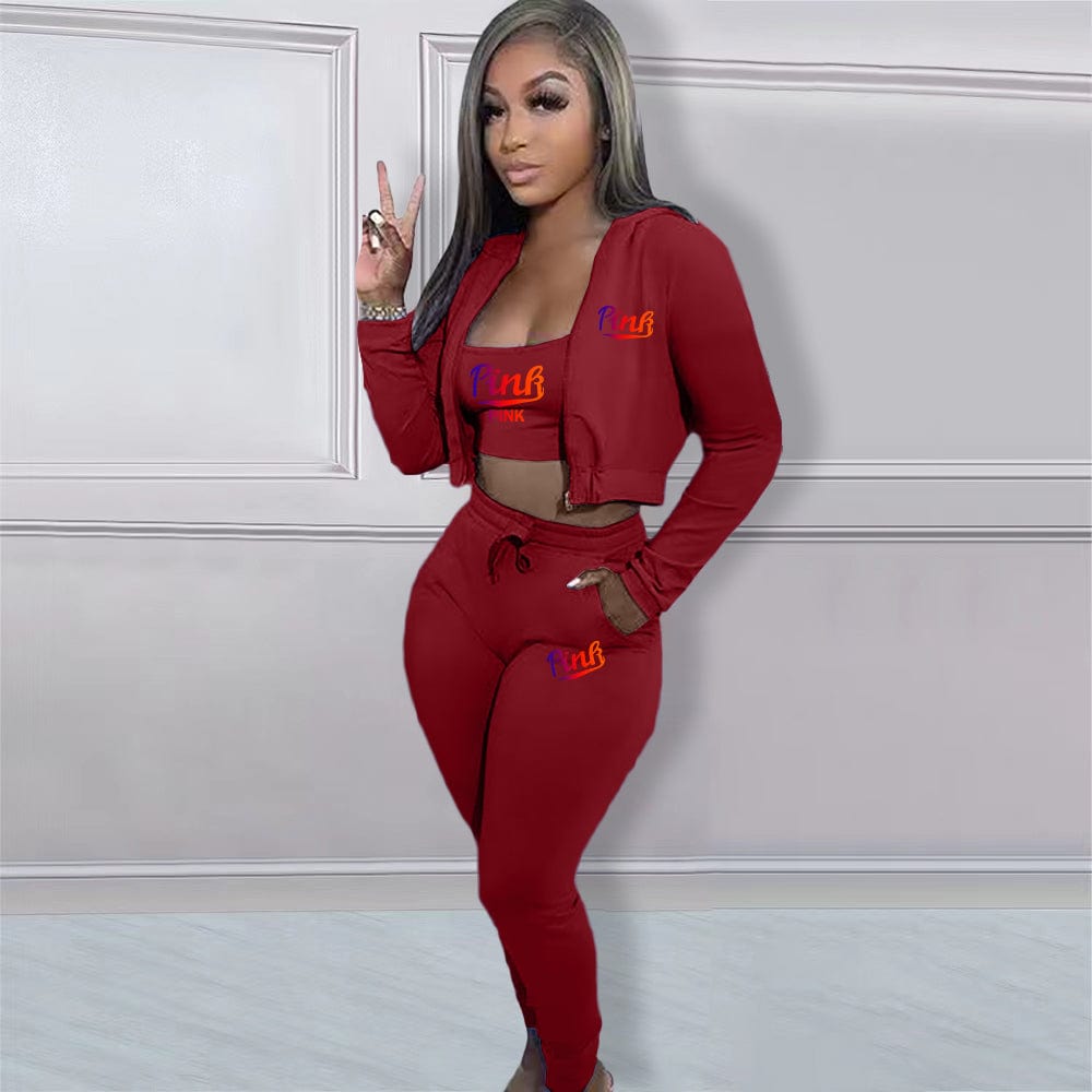 S / Burgundy Trendy Women Clothes Casual Print Gradient Patchwork Sweatsuit Hooded Collar Long Sleeve Three Pieces