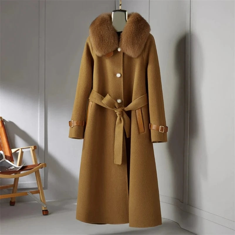 S / camel 21185 Women 90% wool blends Long coat jacket with real fox fur collar overcoats jackets Trench